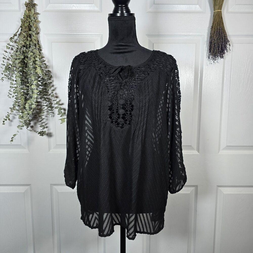 Bila Top Large Black Sheer Crochet Knit Textured Blouse Boho Festival